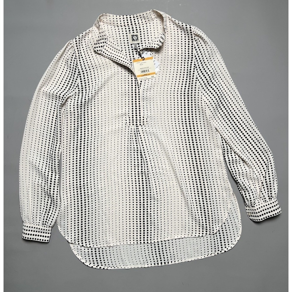 Anne Klein Women's S White/Black Polka Dot Chiffon Collared Button Blouse Size S